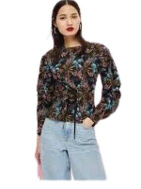 Topshop Puff Sleeve Floral Ruched Shirt with Corset Tie Front Black Sz 2